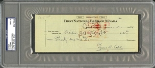 Ty Cobb Signed 1944 First National Bank of Nevada Check PSA Mint 9